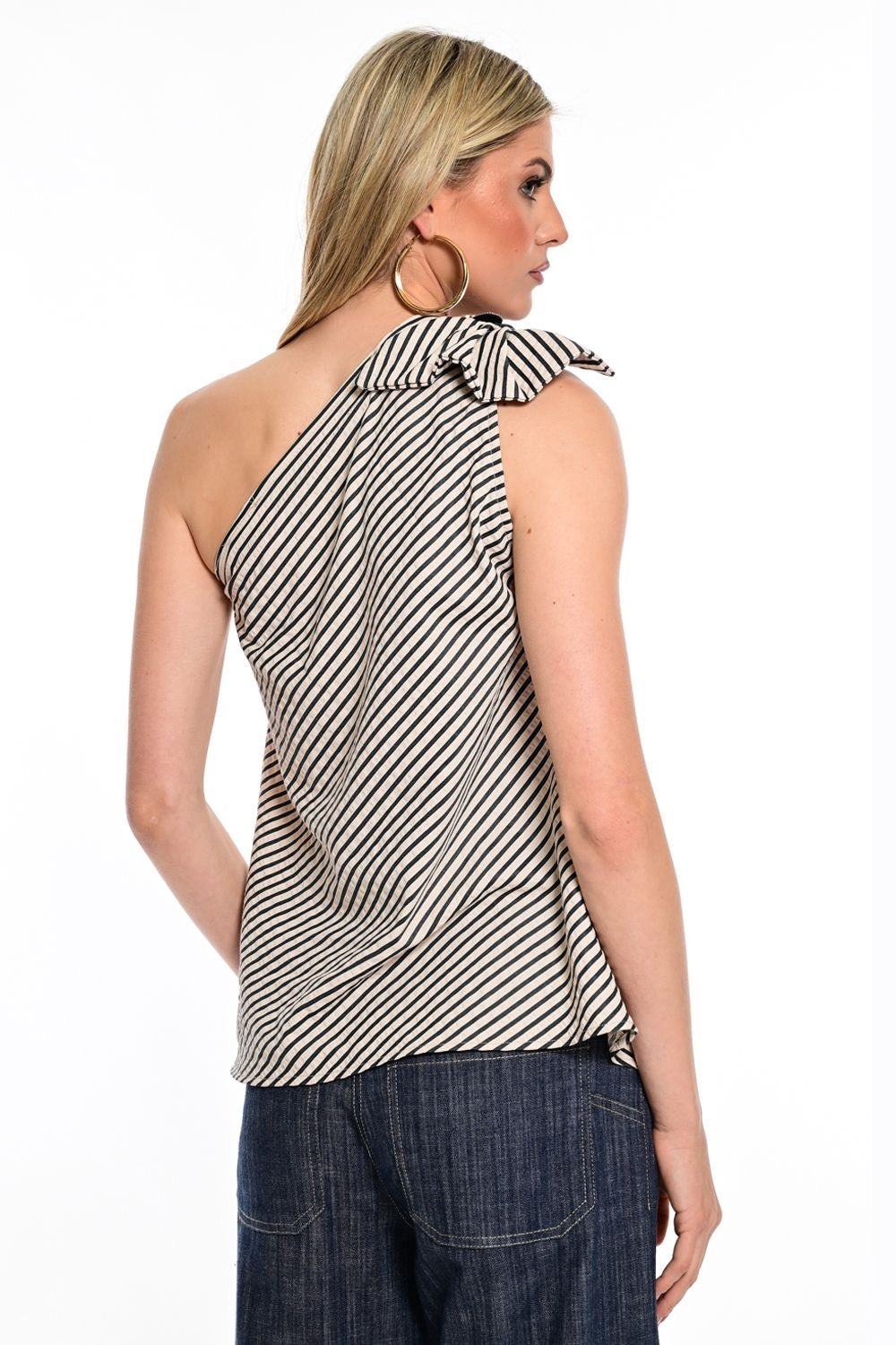 We Coss - Ριγέ One Shoulder Top με Τζιν & Διακοσμητικό με στρας