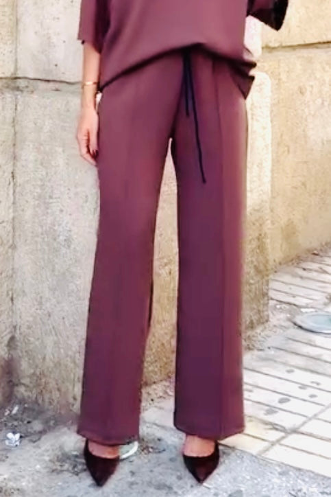 Figaro - Φαρδιά Παντελόνα Καφέ με Λάστιχο & Ρίγα στο Πλάι