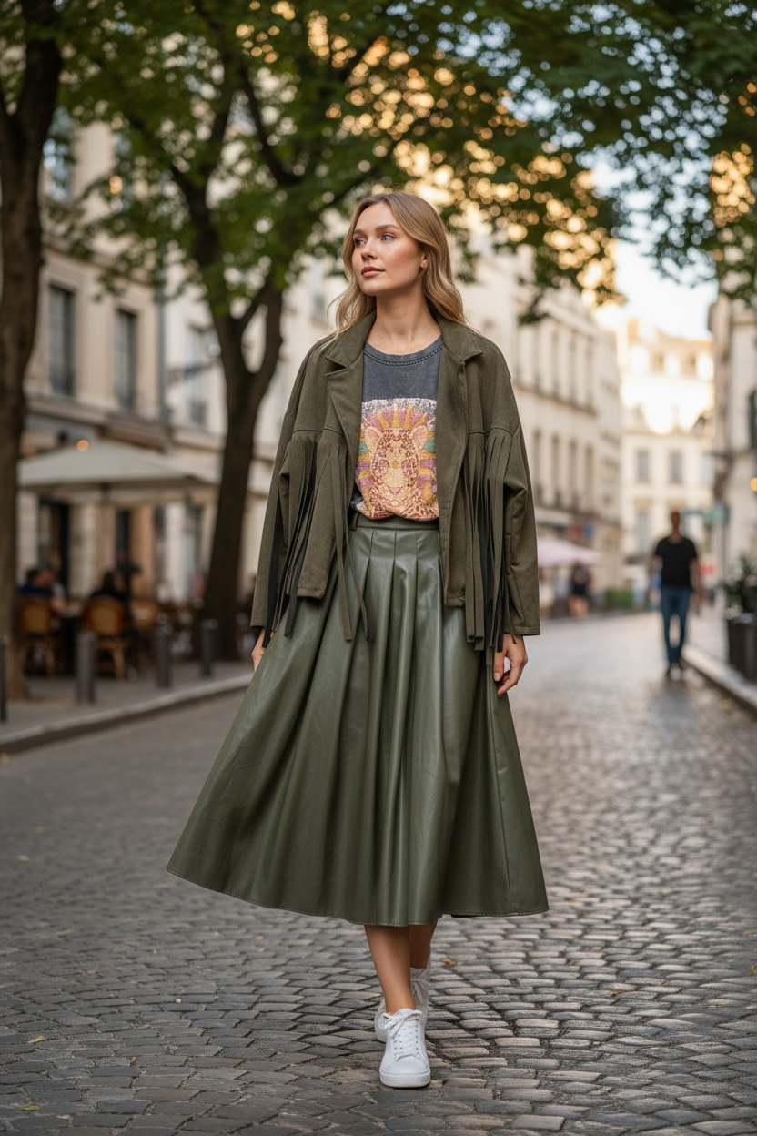 Charizma - Δερματίνη Φούστα με Πιέτες Χακί