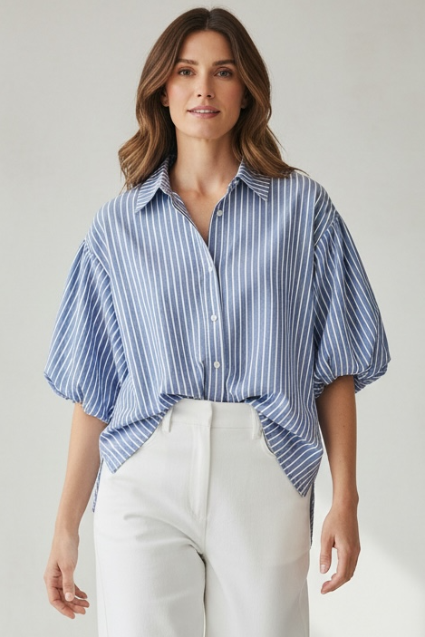Zeta Otto - Ριγέ μπλε βαμβακερό πουκάμισο με balloon μανίκια & στενή εφαρμογή