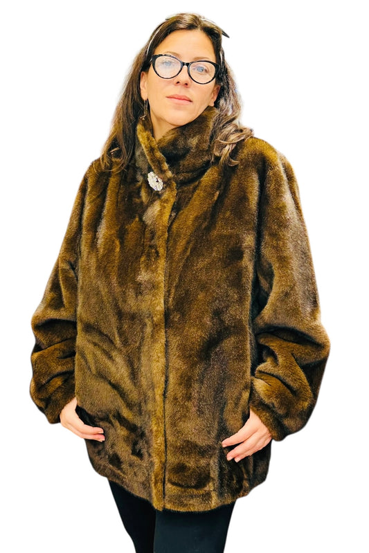 Charizma - Συνθετική Γούνα με Ψηλό Γιακά, Τσέπες & Στρασένιο Κουμπί στον Λαιμό Καφέ