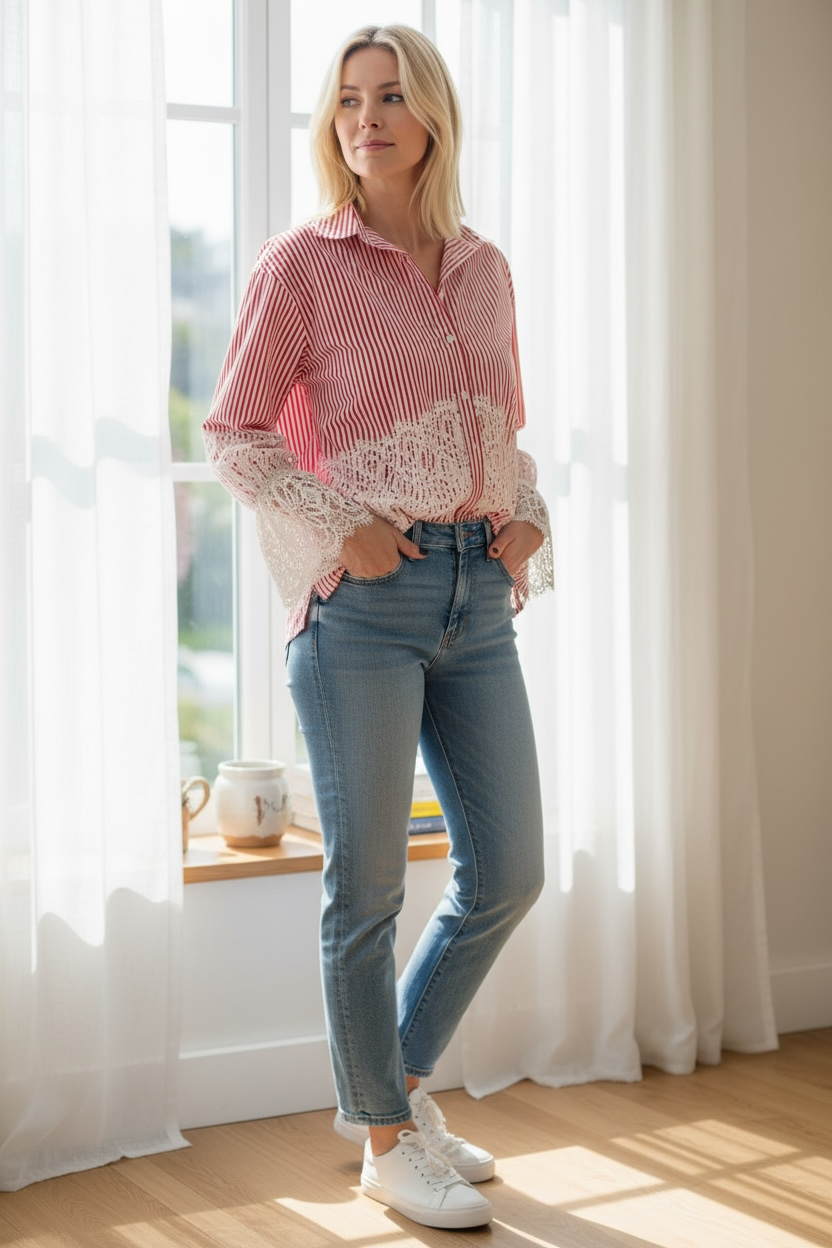 Cache Cache - Πουκάμισο Ριγέ Κόκκινο Με Δαντέλα