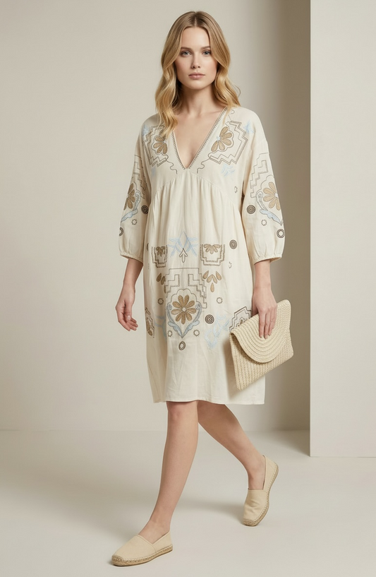 Charizma - Boho φόρεμα με κεντήματα και μανίκια 3/4