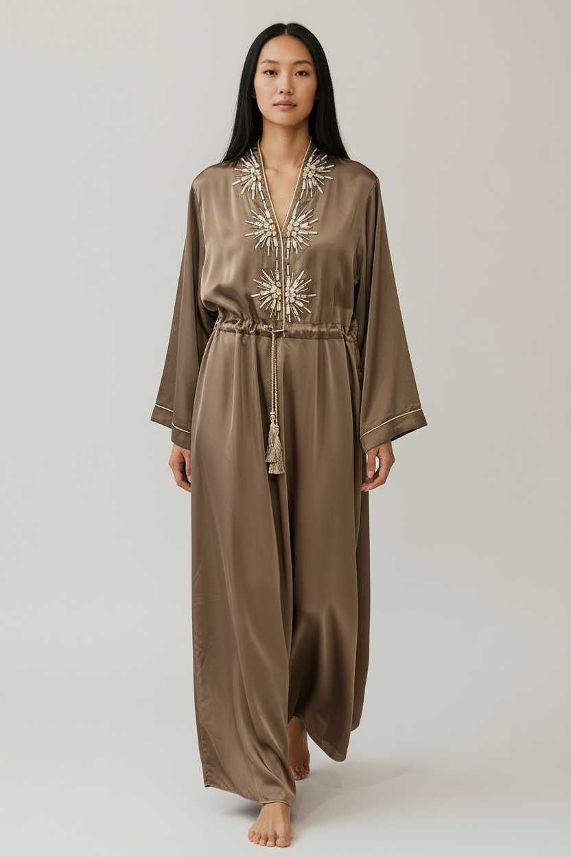 Charizma - Μάξι Καφτάνι Φόρεμα με Διακοσμητικά Στοιχεία και Ρυθμιζόμενη Μέση Καφέ