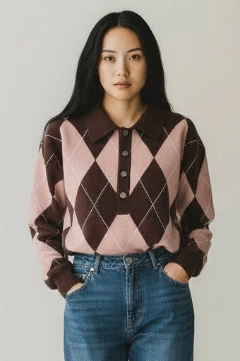 Charizma - Πλεκτό Πουλόβερ Ρόμβοι (Argyle) Ροζ