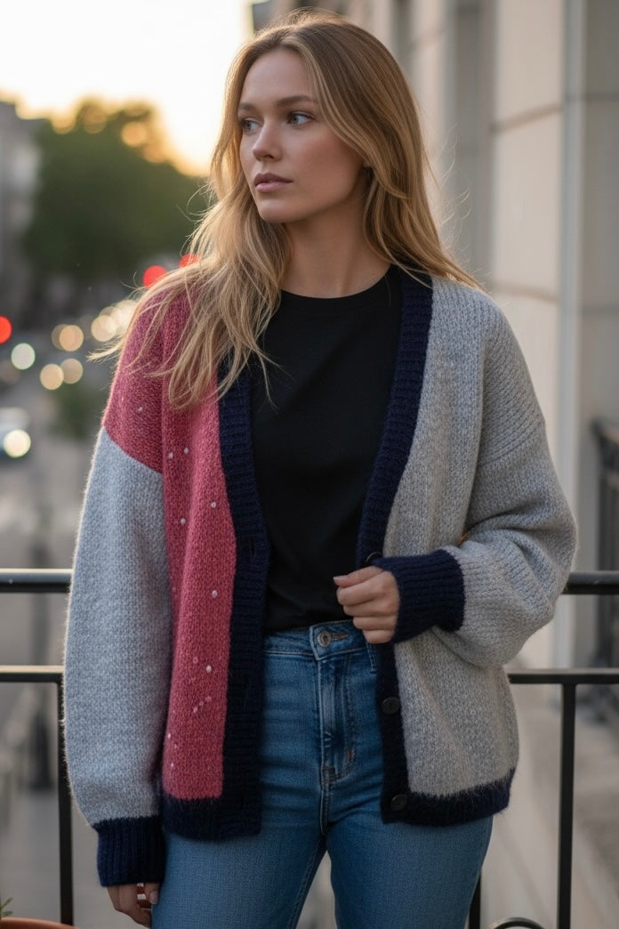 Charizma -  Τρίχρωμο Κοντό Ζακετάκι με Παγιέτες Φούξια