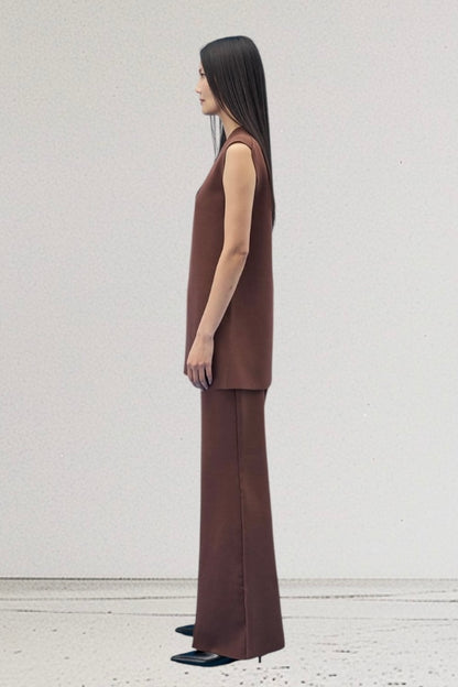 Tailor Made - Σετ Oversized V Neck Τουνίκ Και Παντελόνα Καφέ