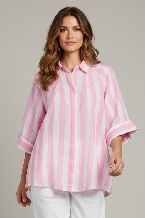 Zeta Otto - Ροζ ριγέ λινό πουκάμισο με κοντά μανίκια & άνετη γραμμή