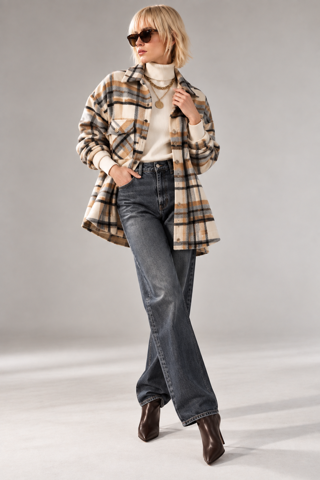 Figaro - Καρό Overshirt Jacket με Τσέπες σε Εκρού, Γκρι & Camel