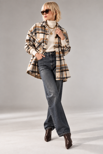 Figaro - Καρό Overshirt Jacket με Τσέπες σε Εκρού, Γκρι & Camel