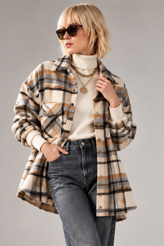 Figaro - Καρό Overshirt Jacket με Τσέπες σε Εκρού, Γκρι & Camel