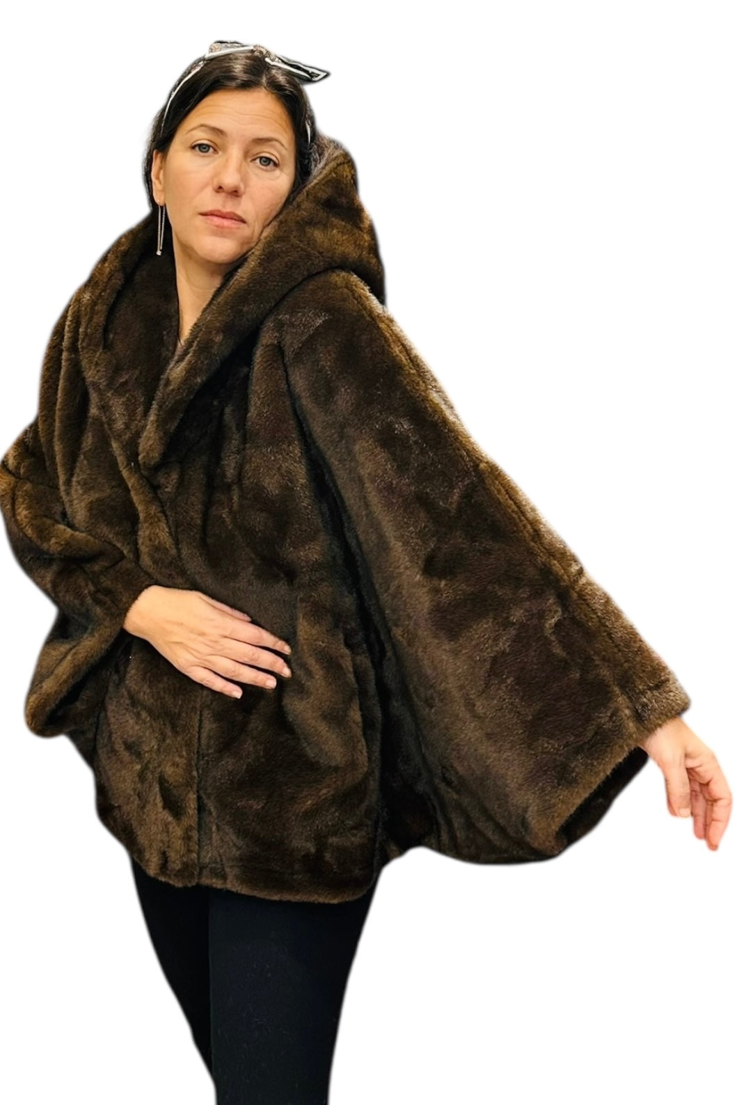 Charizma - Συνθετική Γούνα με Κουκούλα, Τσέπες σε Στυλ Κάπας Καφέ