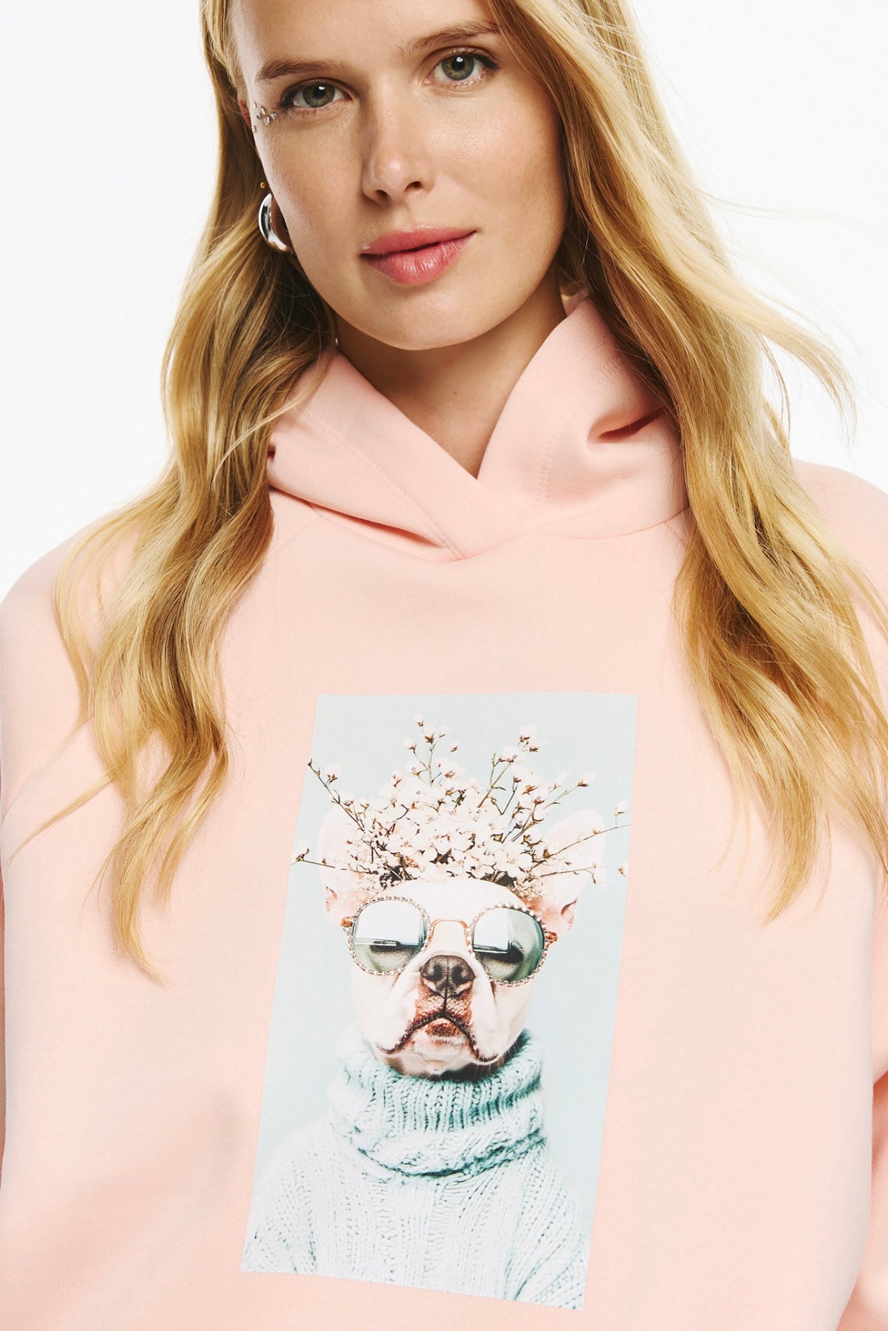 Unitee- Φούτερ Μπλούζα Ροζ με Κουκούλα με Γαλλικό Μπουλντόγκ