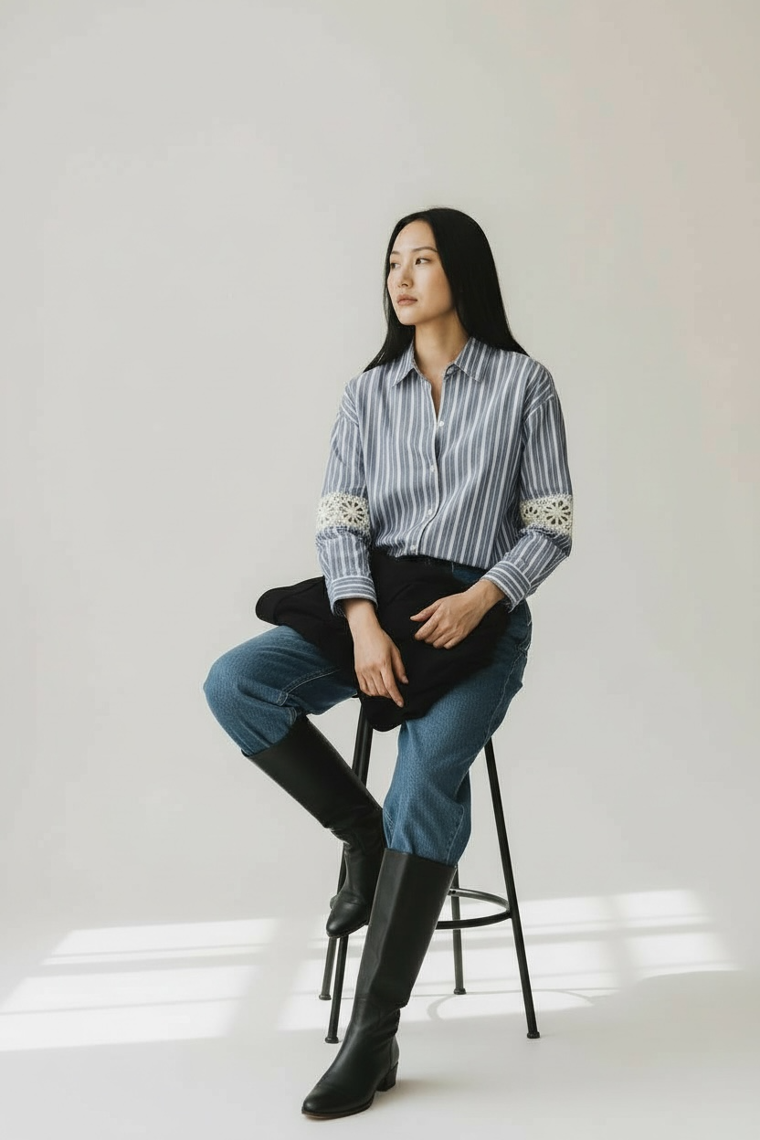 Charizma- Πουκάμισο Ριγέ Δαντέλα Μπλε