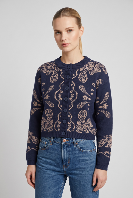 An'ge - Gilet Nayana Navy Πλεκτή Ζακέτα Jacquard Με Στρογγυλή Λαιμόκοψη