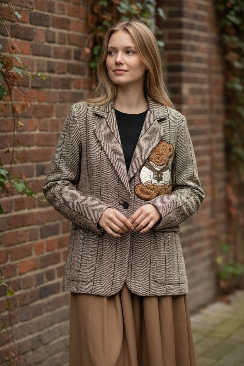 Charizma - Γυναικείο Καφέ Σακάκι Ψαροκόκκαλο με Αρκουδάκι