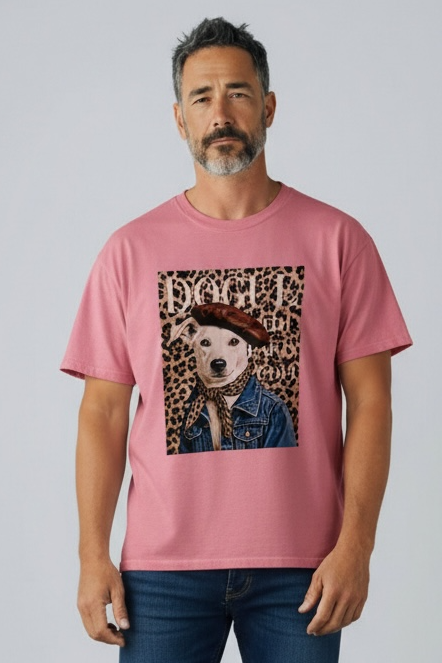 Charizma - Unisex Βαμβακερό Ροζ Μακό T-Shirt Oversized με Στάμπα Dogue Paris
