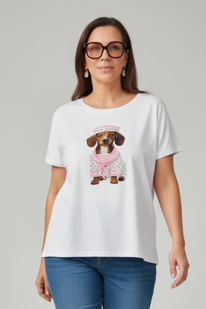 Charizma - Λευκό Μακό T- shirt Oversized Με Στάμπα Σκυλάκι Ροζ Nautical Style