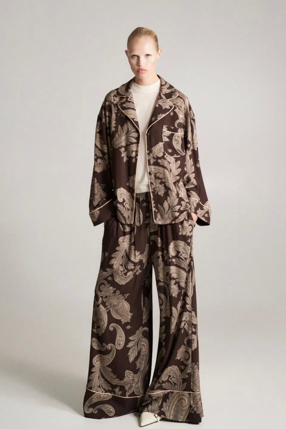 Lumina - PJ Chic Style Σετ Παντελόνα με Πουκαμίσα σε Λαχούρια Καφέ