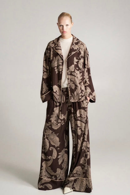 Lumina - PJ Chic Style Σετ Παντελόνα με Πουκαμίσα σε Λαχούρια Καφέ