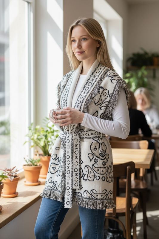 Orlinn - Αμάνικη Ζακέτα Boho Chic με Κρόσσια & Ζώνη Υπόλευκη