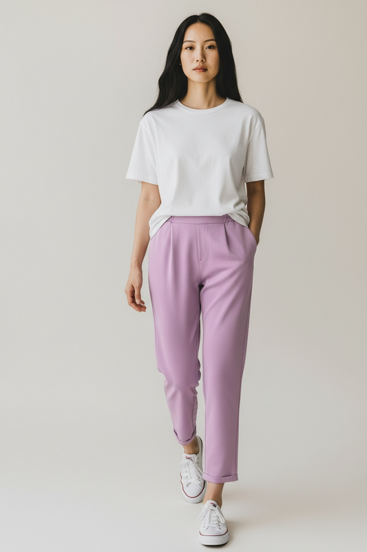 New Age Cola - Γυναικείο Παντελόνι με Λάστιχο στη Μέση, Πιέτες & Ρεβέρ Λιλά