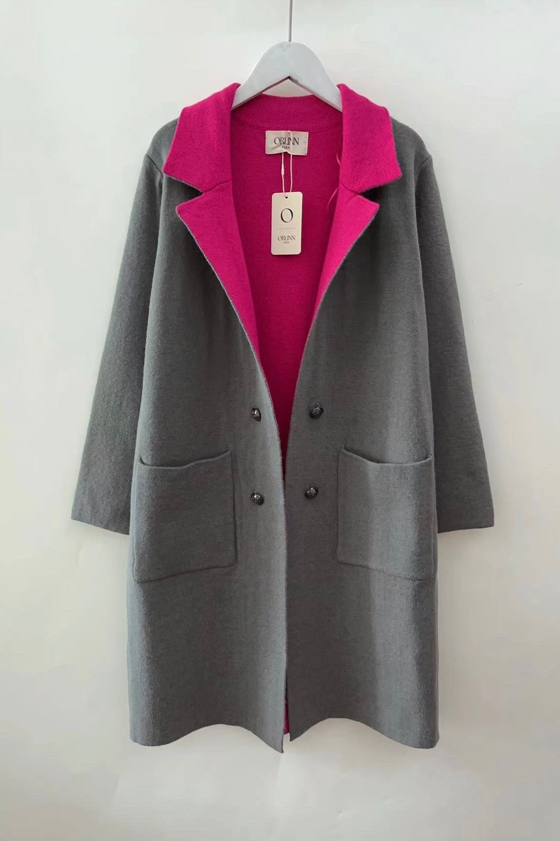 Orlinn - Ζακέτα Midi με Διπλή Απόχρωση στο Πέτο & Διακοσμητικά Χρυσά Κουμπιά Γκρι