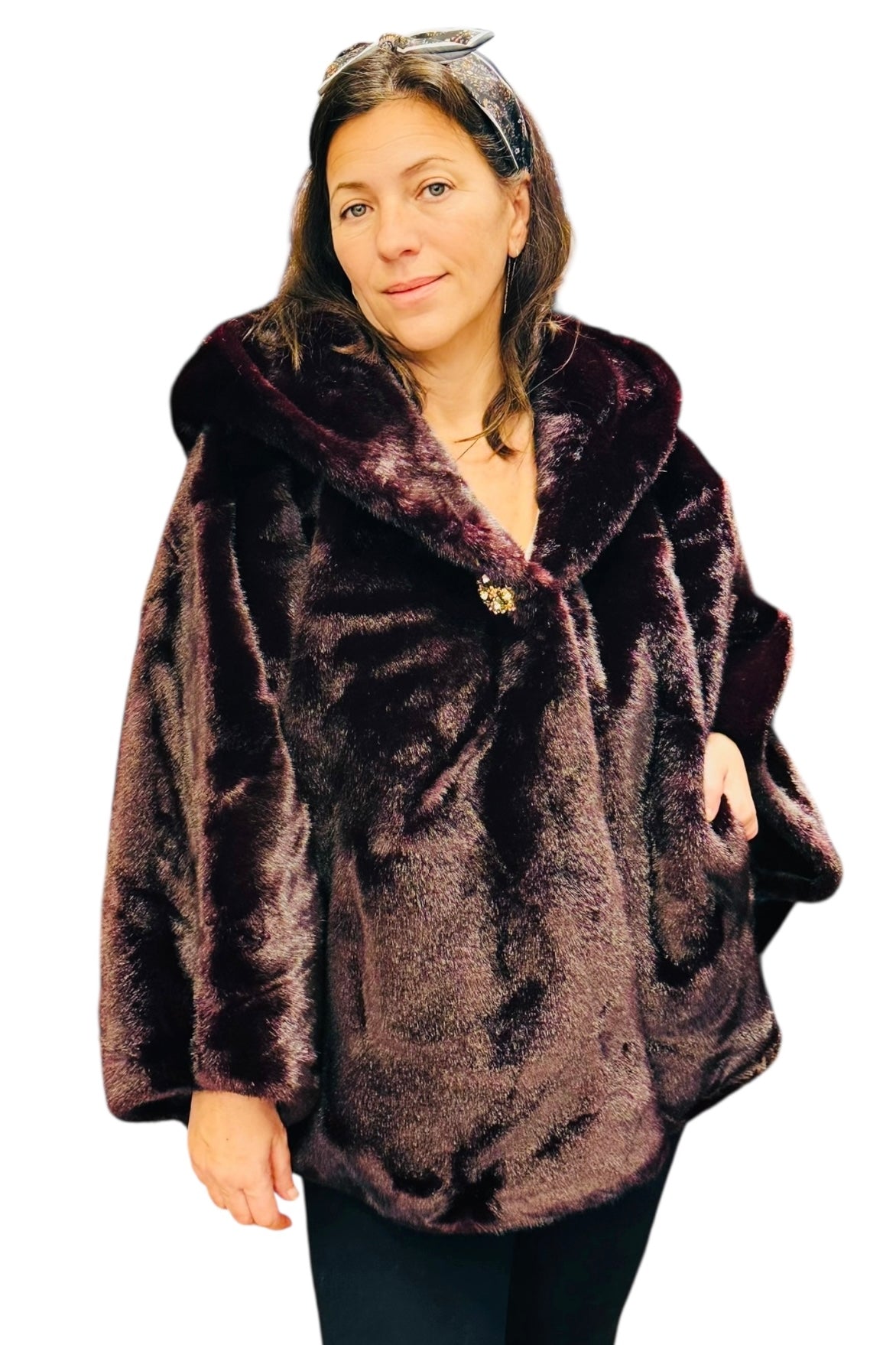 Charizma - Συνθετική Γούνα με Κουκούλα, Τσέπες σε Στυλ Κάπας Μπορντό