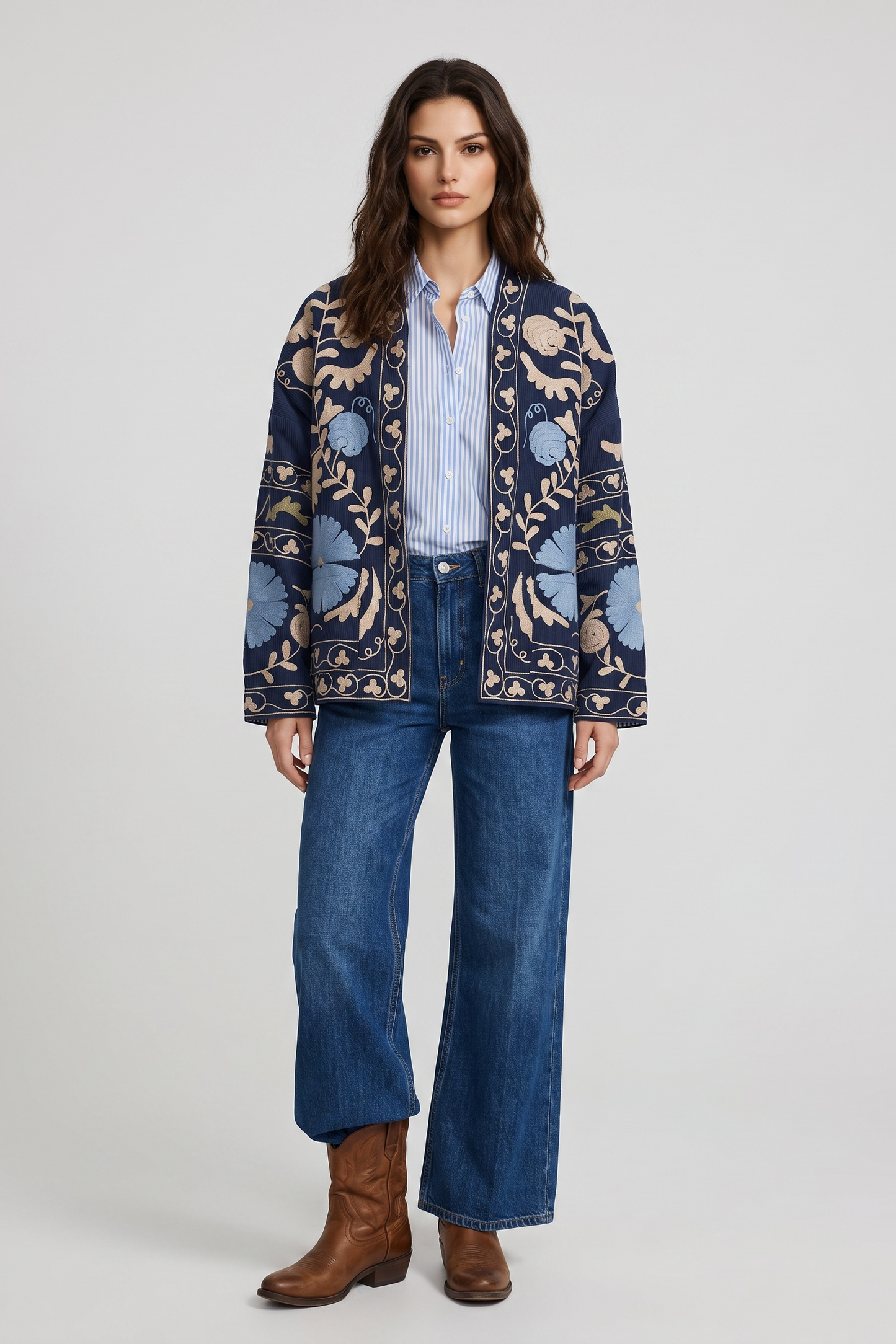 Charizma - Κοτλέ Κεντητό Jacket με Floral Κέντημα σε Navy Blue