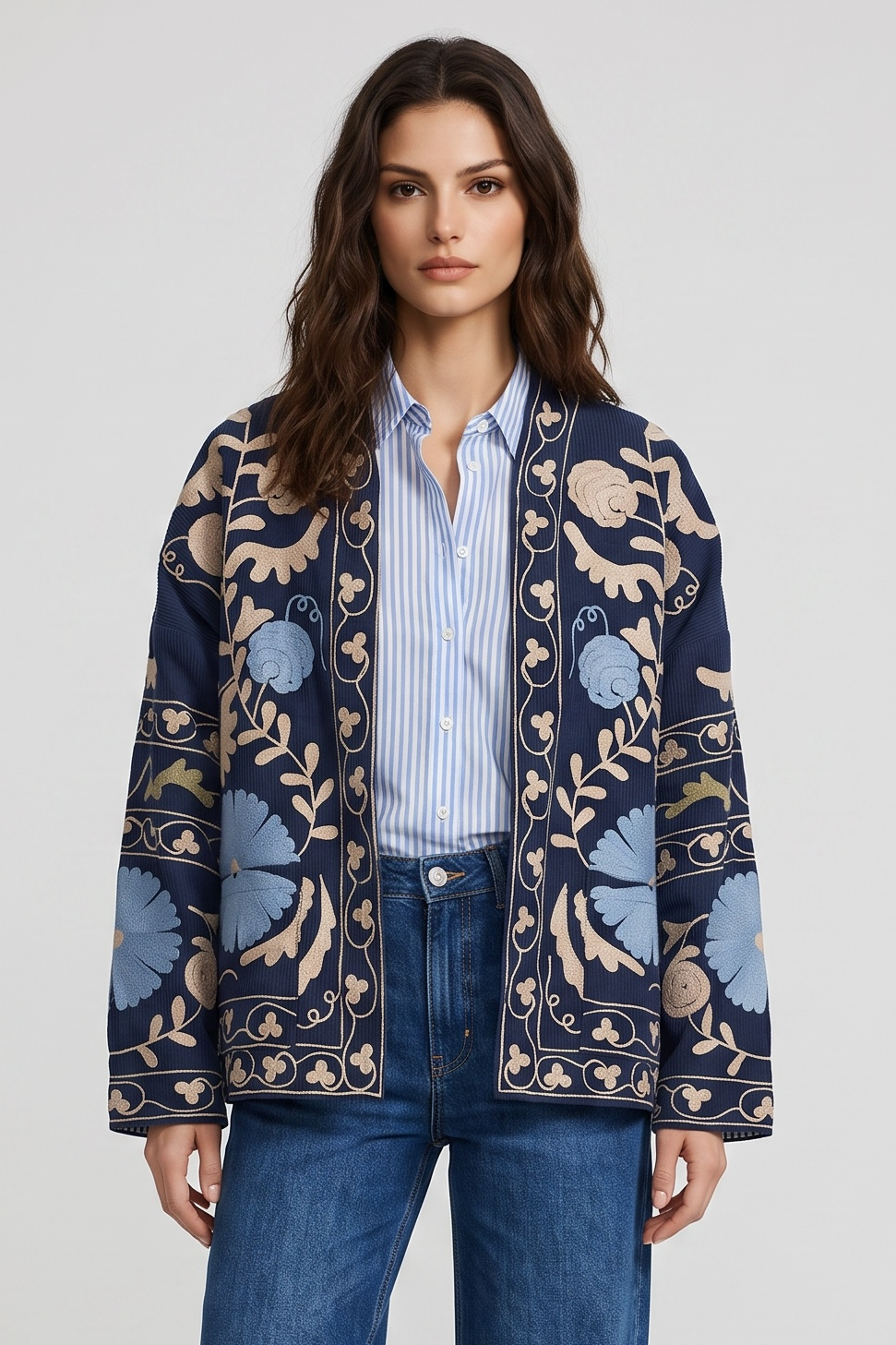 Charizma - Κοτλέ Κεντητό Jacket με Floral Κέντημα σε Navy Blue