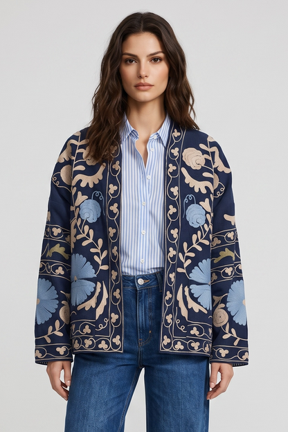 Charizma - Κοτλέ Κεντητό Jacket με Floral Κέντημα σε Navy Blue