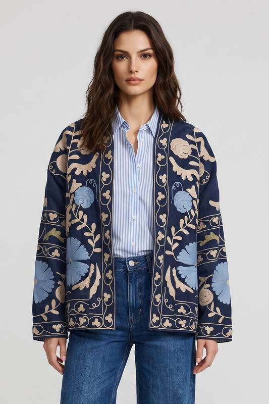 Charizma - Κοτλέ Κεντητό Jacket με Floral Κέντημα σε Navy Blue