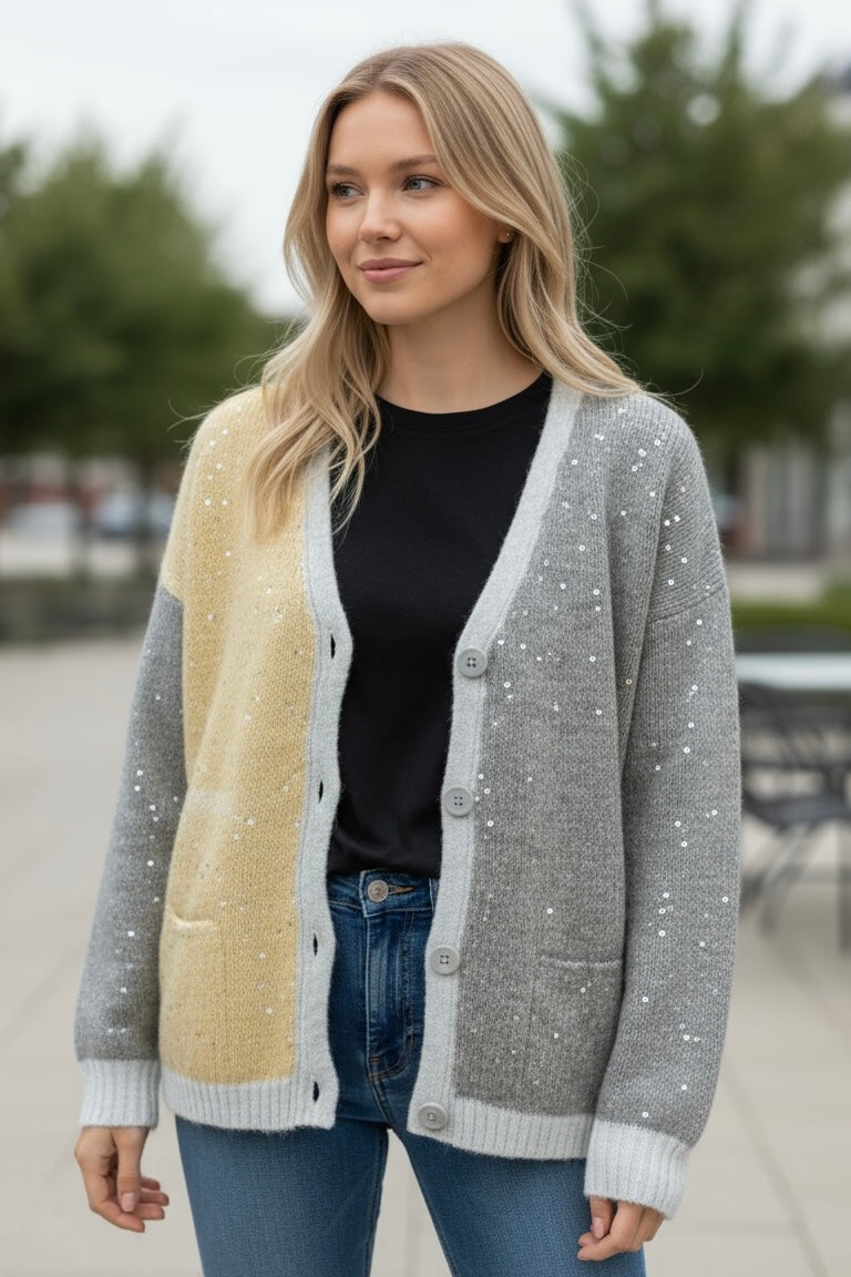 Charizma -  Τρίχρωμο Κοντό Ζακετάκι με Παγιέτες Κίτρινο