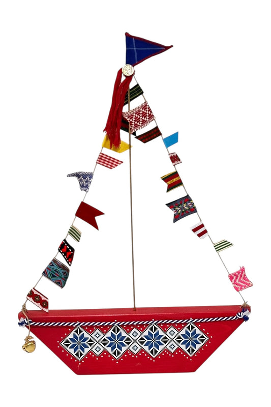 Maria Davilla - Χειροποίητο Μεγάλο Καράβι Με Ξύλινη βάση & Σημαιάκια Κόκκινο