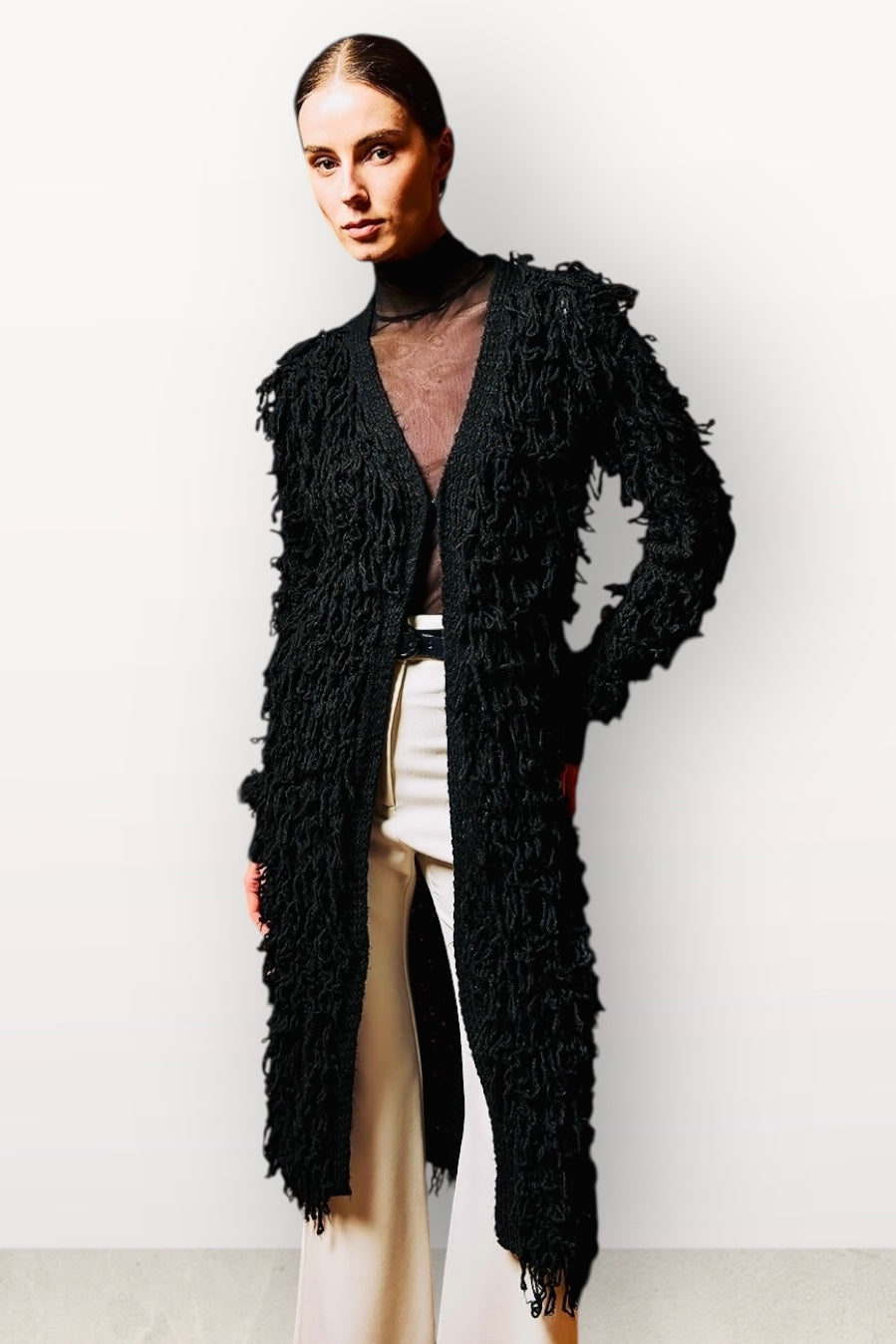 Tailor Made - Boho Touch Μακριά Πλεκτή Ζακέτα με Κρόσσια Μαύρη