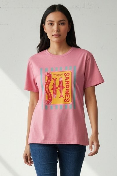Charizma - Unisex Βαμβακερό Ροζ Μακό T-Shirt Oversized με Στάμπα Sardines