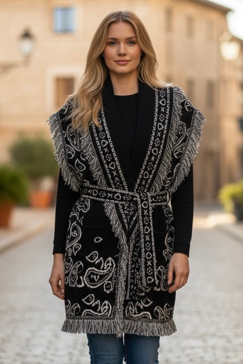 Orlinn - Αμάνικη Ζακέτα Boho Chic με Κρόσσια & Ζώνη Μαύρη
