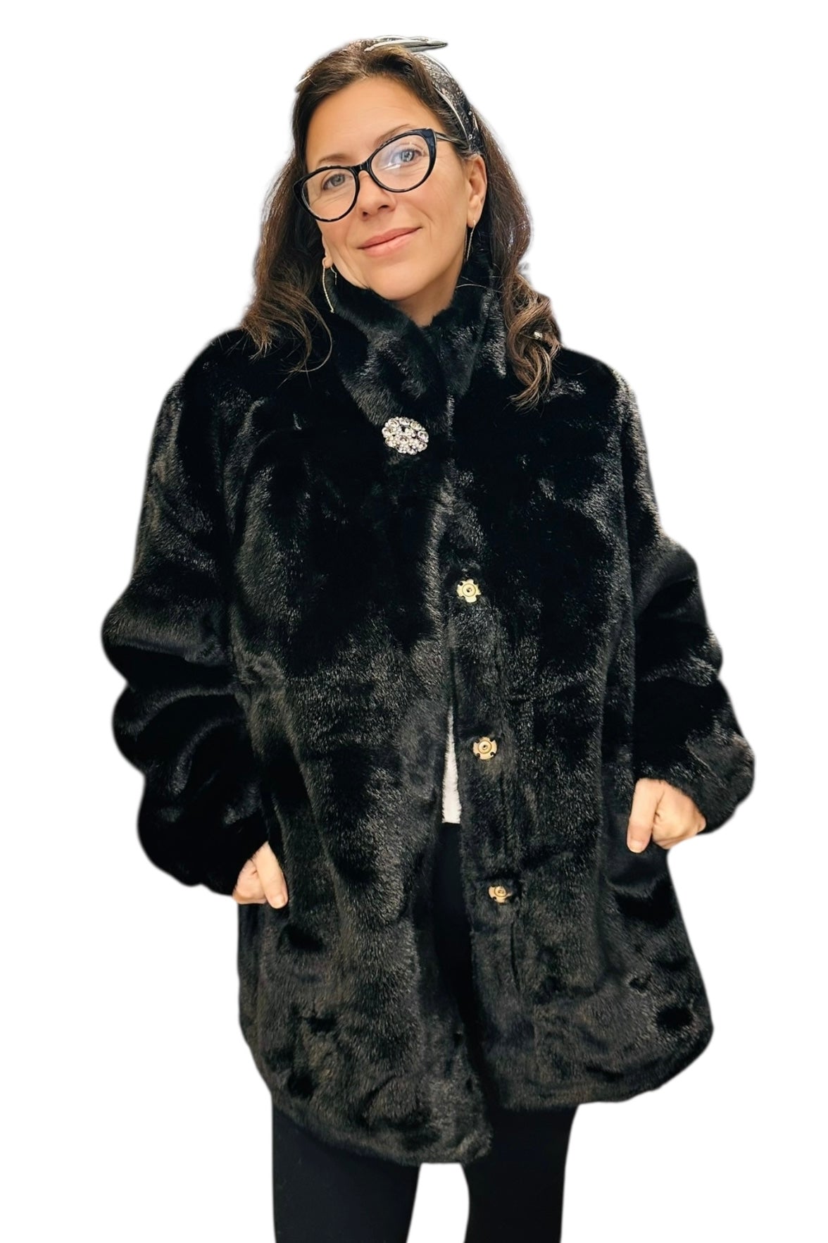 Charizma - Συνθετική Γούνα με Ψηλό Γιακά, Τσέπες & Στρασένιο Κουμπί στον Λαιμό Μαύρη