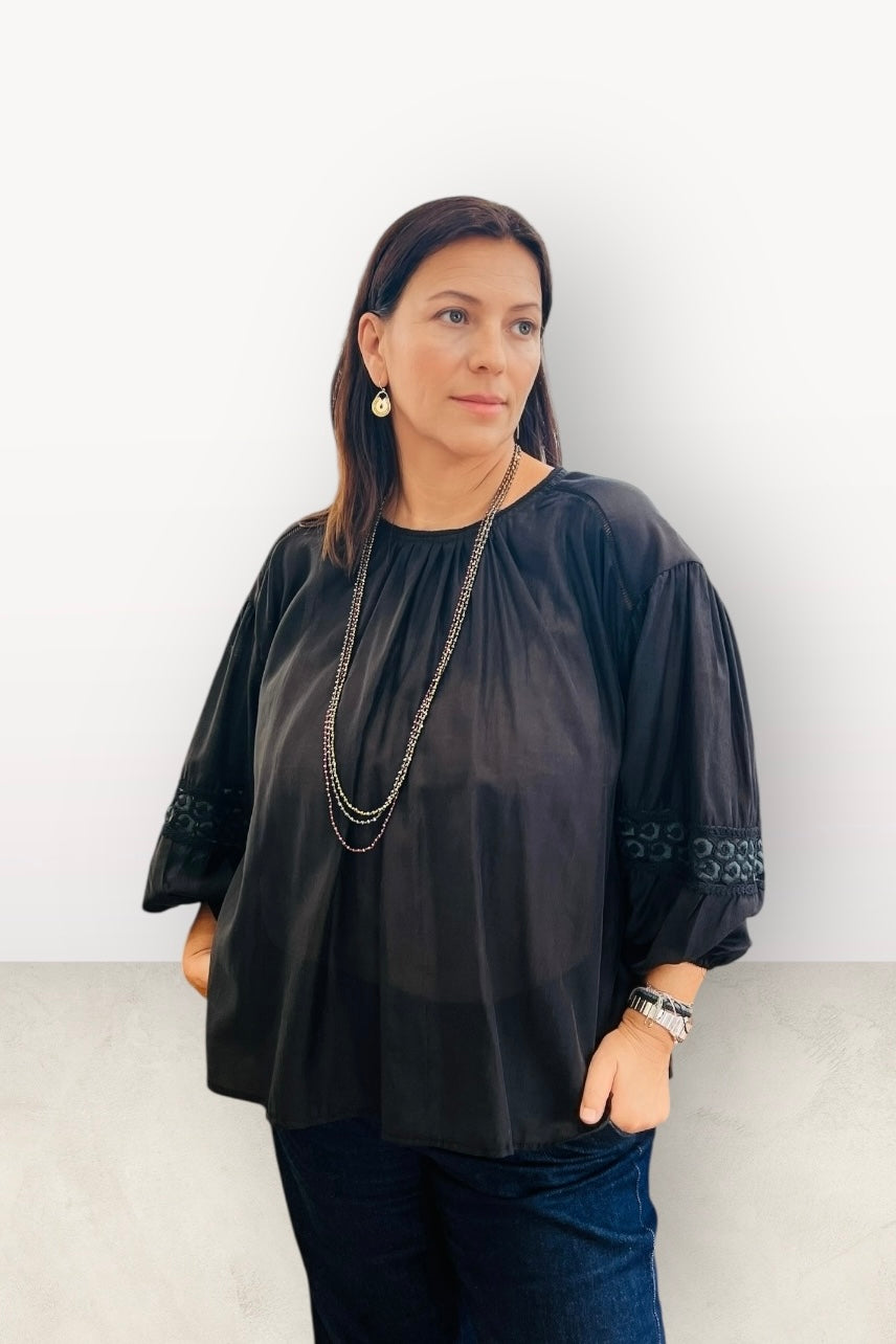 Figaro - Ρομαντική Μπλούζα με Φουσκωτά Μανίκια και Δαντέλα Μαύρο