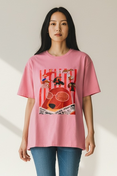 Charizma - Unisex Βαμβακερό Ροζ Μακό T-Shirt Oversized με Στάμπα Σκυλάκια