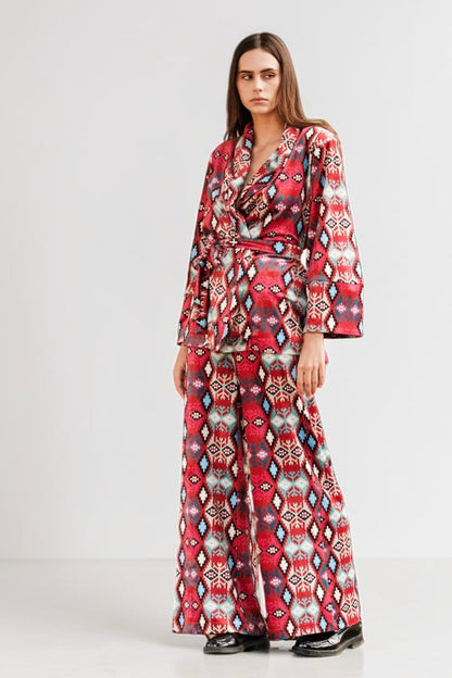 New Age - Jesica Κόκκινο Κιμονό Σακάκι Βελούδινο Με Boho Σχέδιο Και Ζώνη