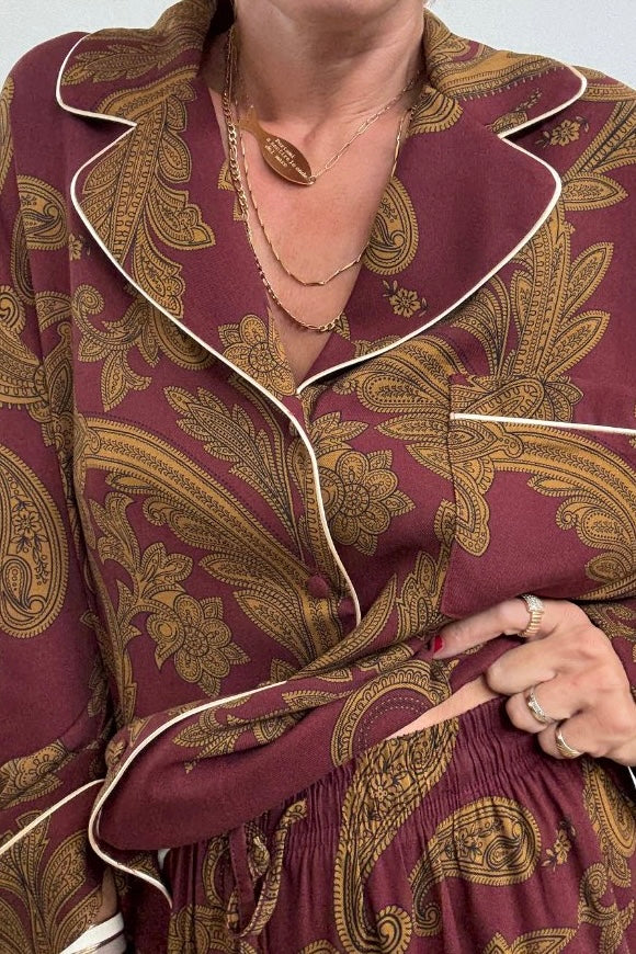 Lumina - PJ Chic Style Σετ Παντελόνα με Πουκαμίσα σε Λαχούρια Μπορντώ