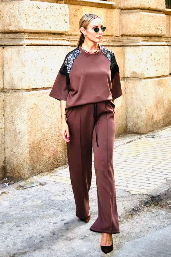 Figaro - Φαρδιά Παντελόνα Καφέ με Λάστιχο & Ρίγα στο Πλάι