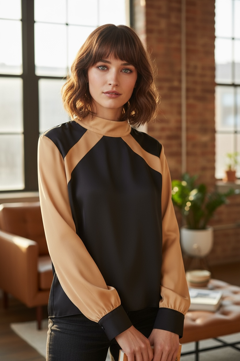 Figaro -  Σατέν Πουκάμισο Μαύρο με Μπεζ Λεπτομέρειες