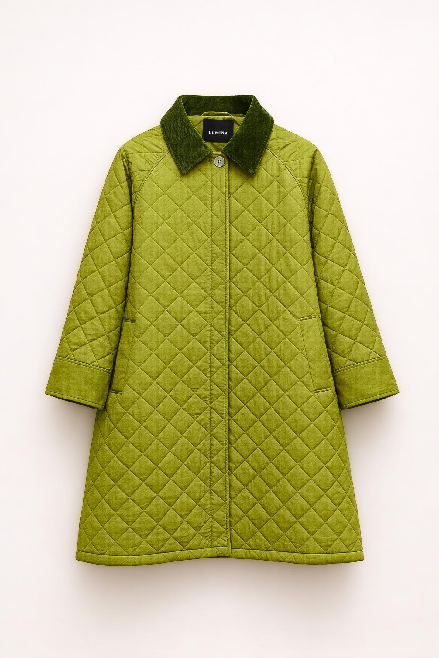Lumina - Μακρύ Καπιτονέ Παλτό με Κοτλέ Γιακά & Μανίκια Πράσινο