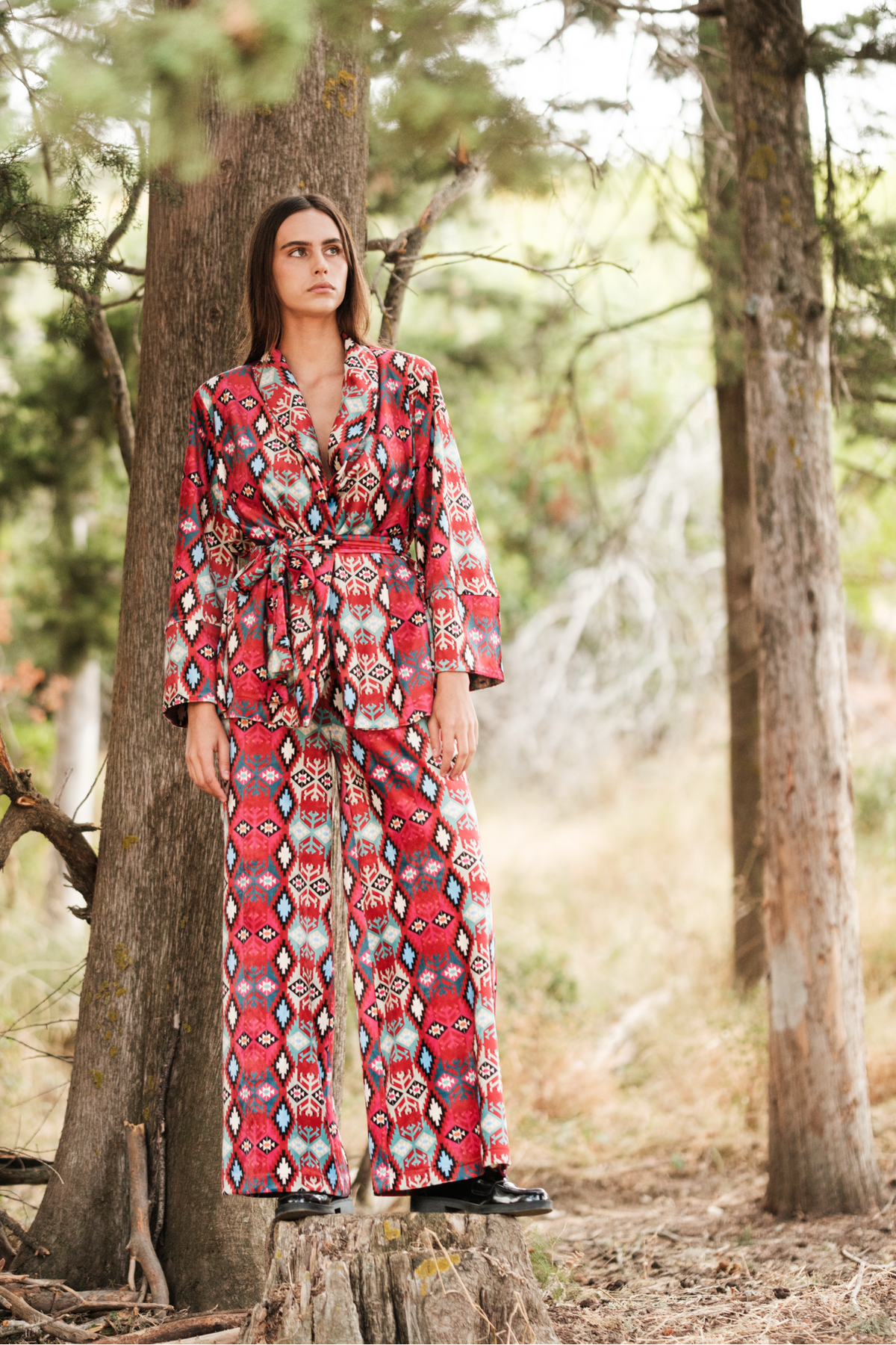 New Age - Jesica Κόκκινο Κιμονό Σακάκι Βελούδινο Με Boho Σχέδιο Και Ζώνη