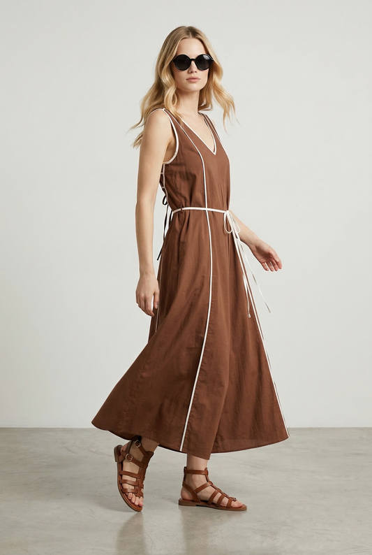 Charizma - Καφέ αμάνικο midi φόρεμα με τσέπες και χιαστί δέσιμο στην πλάτη
