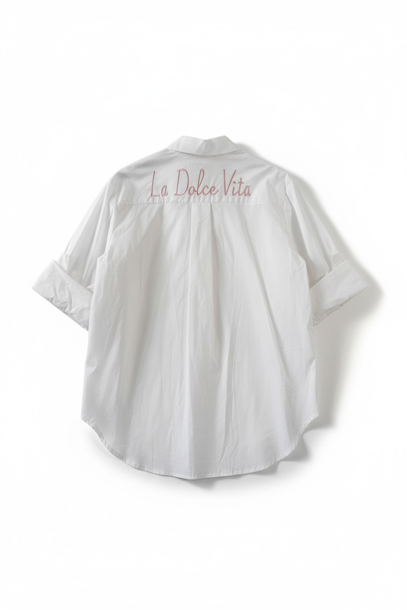 Zeta Otto - Λευκό βαμβακερό πουκάμισο με κέντημα “La Dolce Vita” & μακριά μανίκια