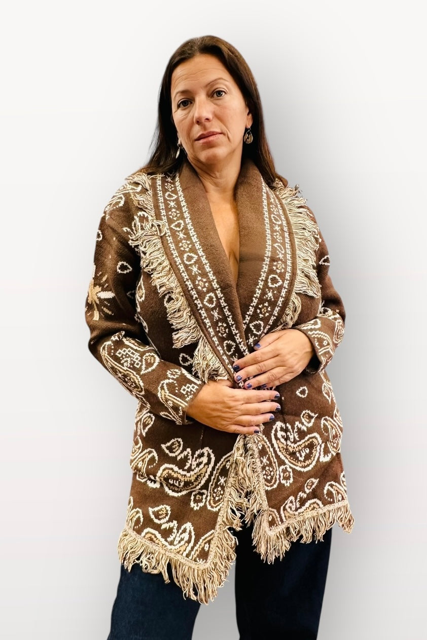 Orlinn - Ζακέτα Παλτό Boho Chic με Κρόσσια & Ζώνη Καφέ