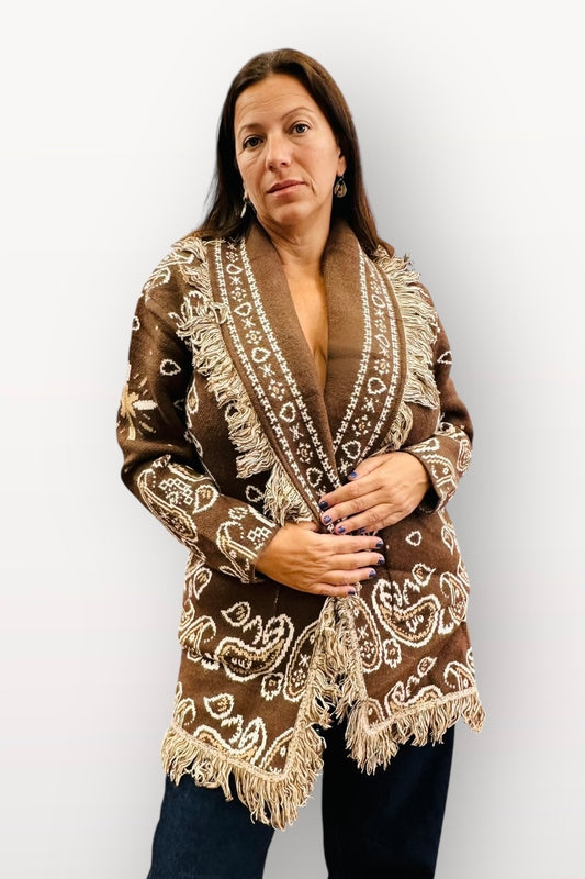 Orlinn - Ζακέτα Παλτό Boho Chic με Κρόσσια & Ζώνη Καφέ